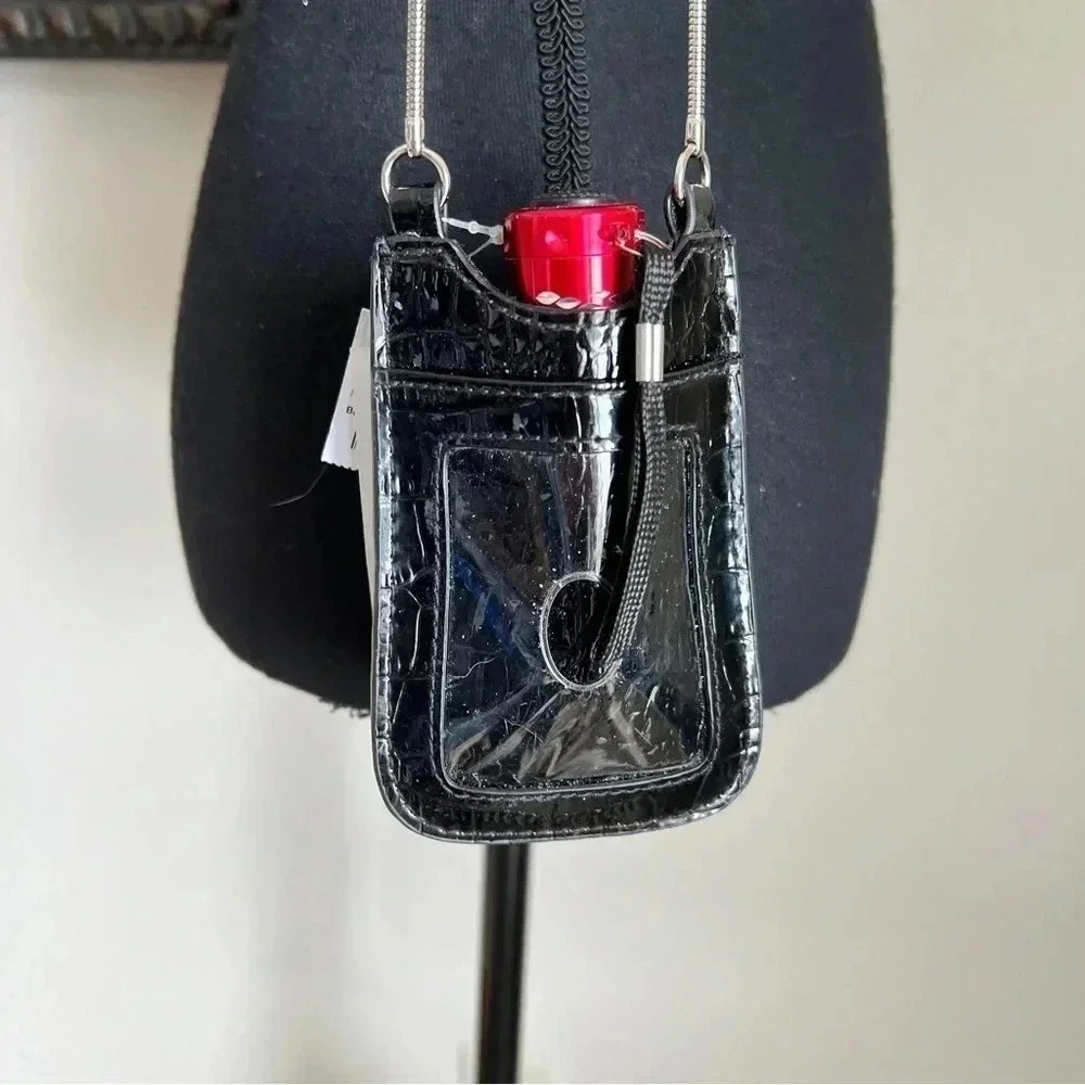 Liz Claiborne Phone & ID Holder Black Reptile Patent Vegan Leather Crossbody